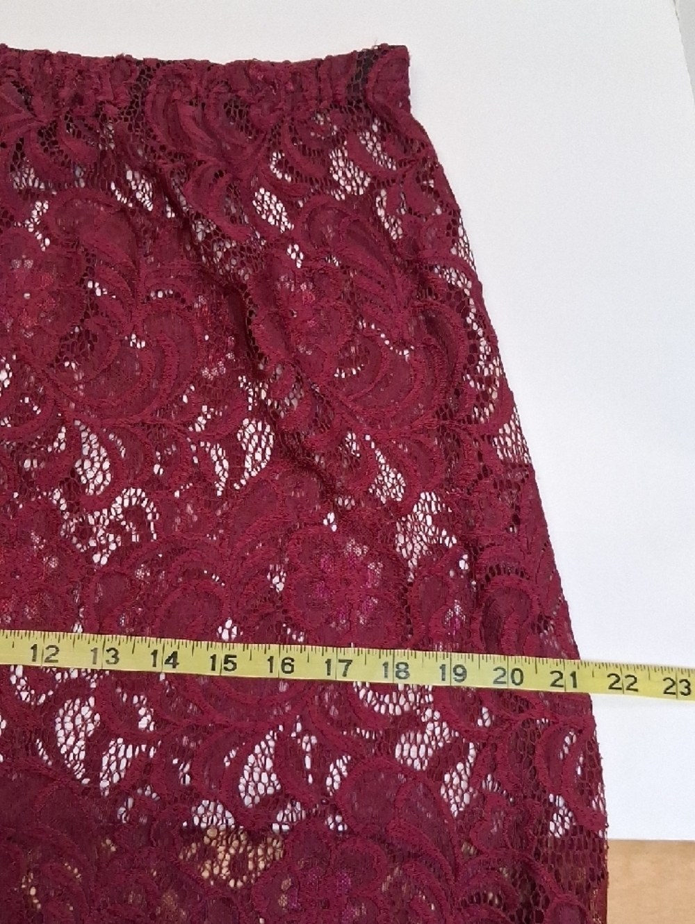 PrettyLittleThing Burgundy Lace Maxi Skirt Sheer Overlay Elastic Waist Size 12 - Picture 6 of 9